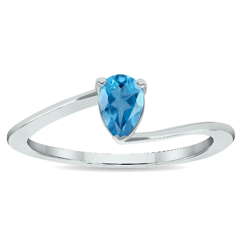 Women’s classic rings-Women's Solitaire Blue Topaz Wave Ring in 10K White Gold