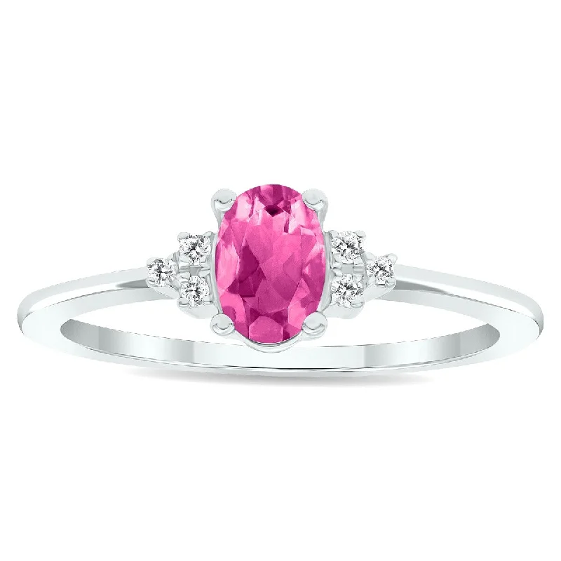 Women’s pearl rings-Women's Pink Topaz and Diamond Half Moon Ring in 10K White Gold