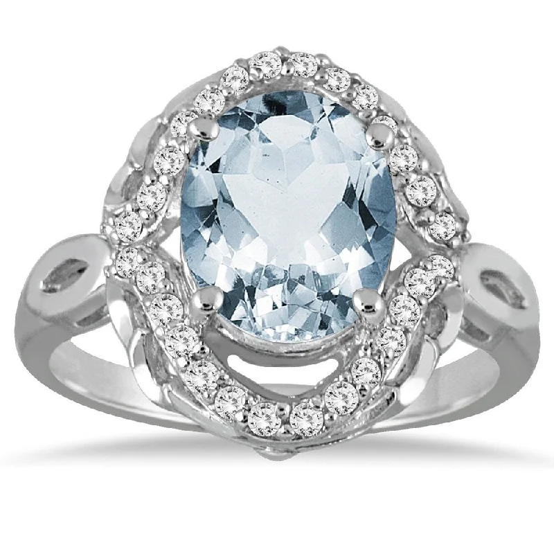 Women’s minimalist rings-3 1/2 Carat Oval Aquamarine and Diamond Ring in 10K White Gold