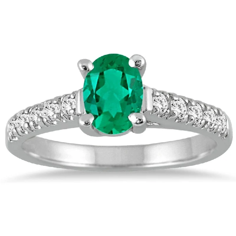 Women’s wedding ring sets-1 Carat Oval Emerald and Diamond Ring in 14K White Gold