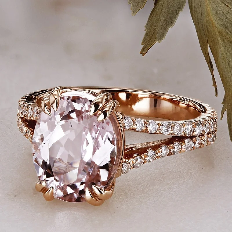 Women’s silver rings-Annello by Kobelli 14k Rose Gold 3 4/5ct TGW Oval-cut Kunzite Pink Gemstone and Diamond Split Shank Ring