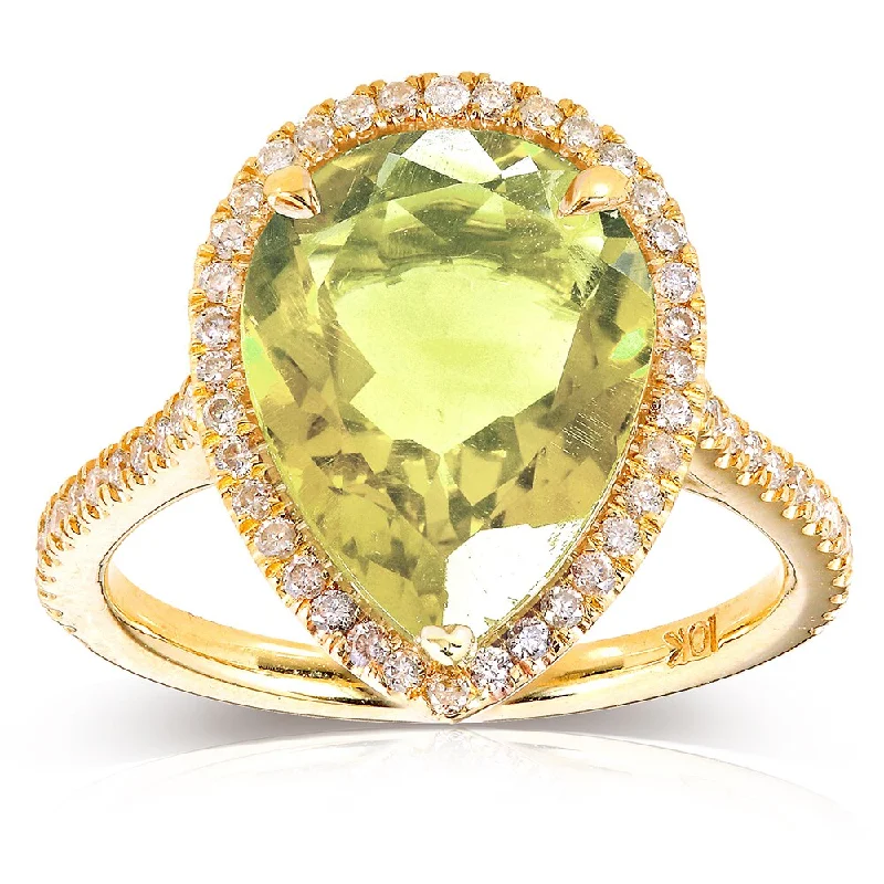 Women’s unique wedding rings-Annello by Kobelli 10k Yellow Gold Pear-shape Lime Quartz and 1/3ct TDW Diamond Halo Ring