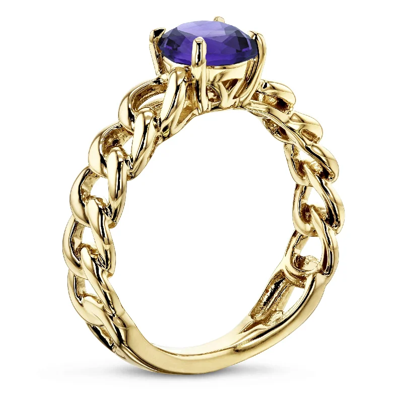 Women’s silver wedding rings-Annello by Kobelli Chain Linked Round Purple Amethyst Gemstone Solitaire Ring in 14k Yellow Gold