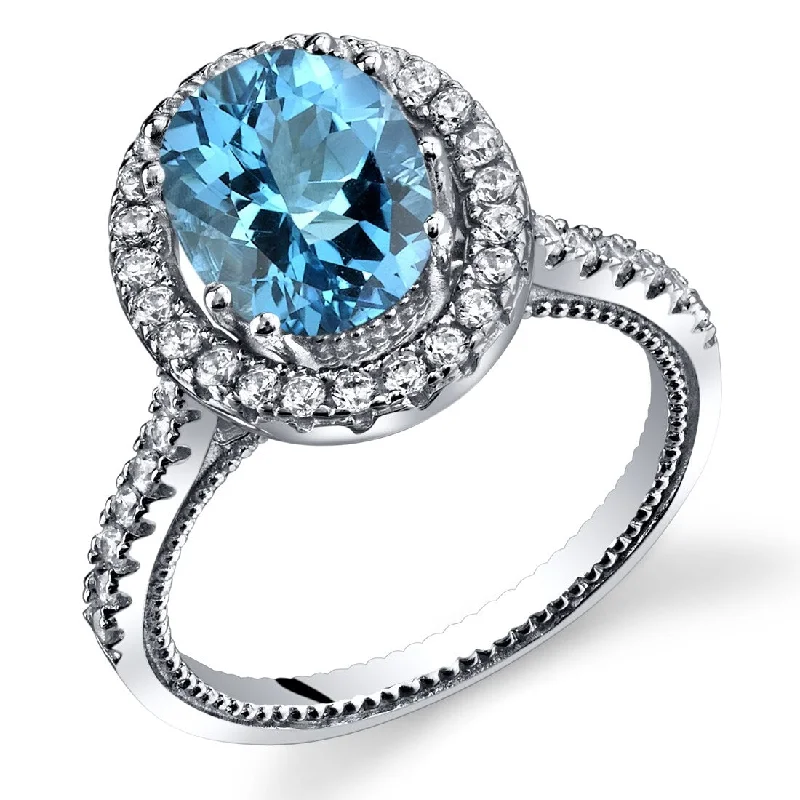 Women’s silver rings-Sterling Silver 2 ct Swiss Blue Topaz Halo Ring