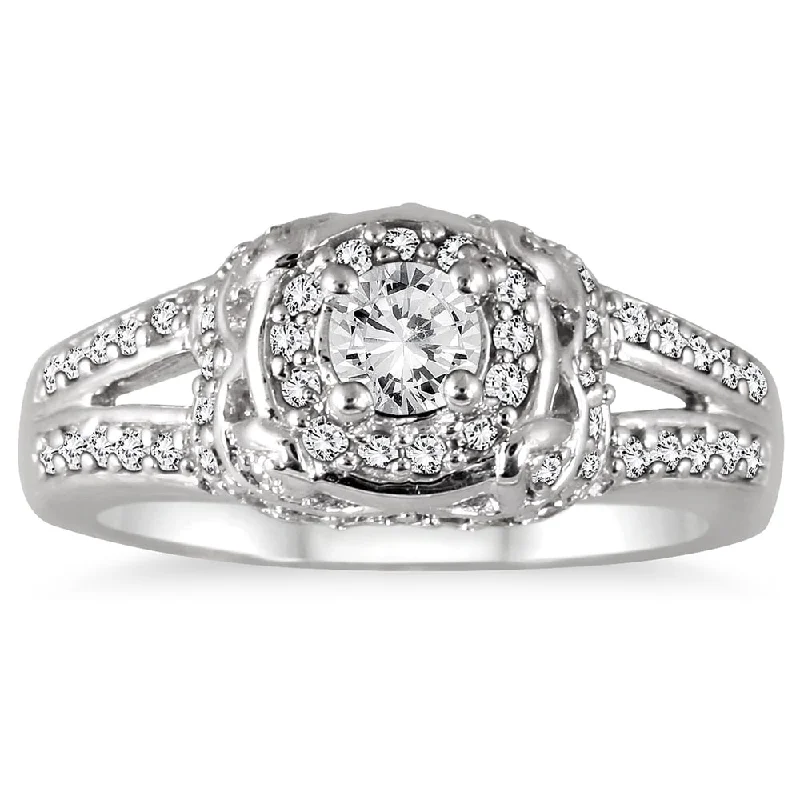 Women’s cluster rings-1/2 Carat TW Diamond Halo Antique Ring in 10K White Gold