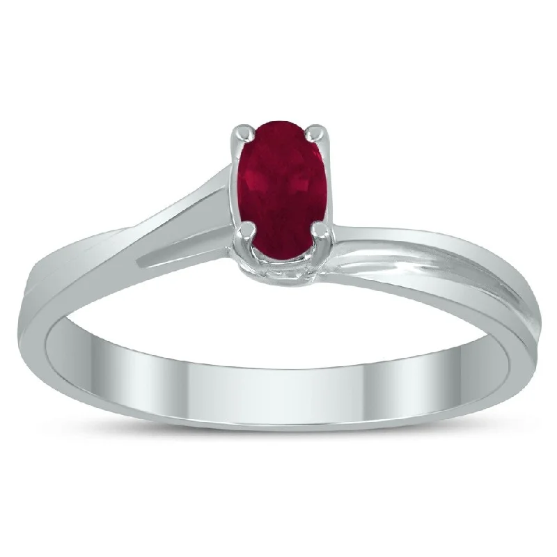 Women’s art nouveau rings-Solitaire Oval 5X3MM Ruby Gemstone Twist Ring in 10K White Gold