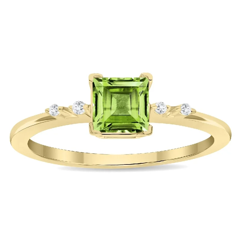 Women’s cluster rings-Women's Square Shaped Peridot and Diamond Sparkle Ring in 10K Yellow Gold