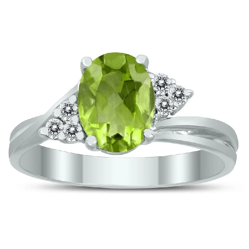 Women’s fashion rings-8X6MM Peridot and Diamond Twist Ring in 10K White Gold