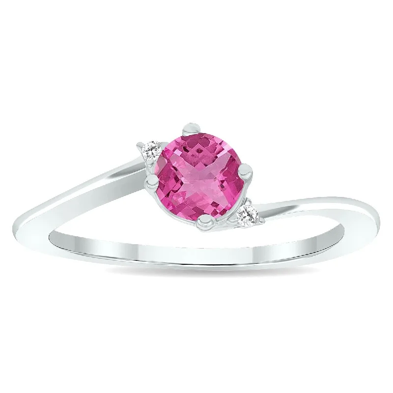 Women’s geometric rings-Women's Pink Topaz and Diamond Wave Ring in 10K White Gold