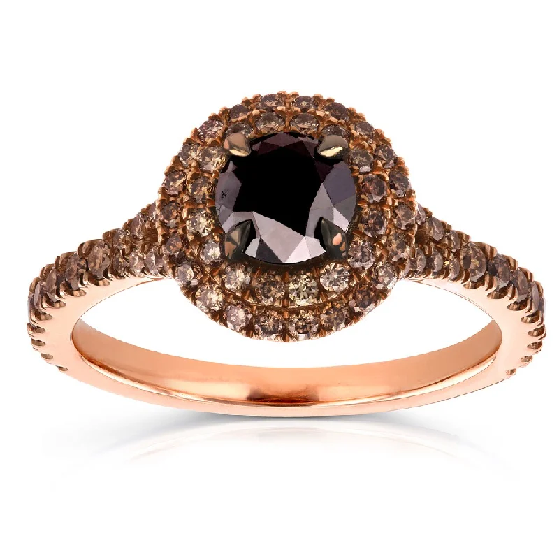 Women’s adjustable gemstone rings-Annello by Kobelli 18k Rose Gold 1 1/2ct TDW Round Black and Champagne Diamond Double Halo Ring