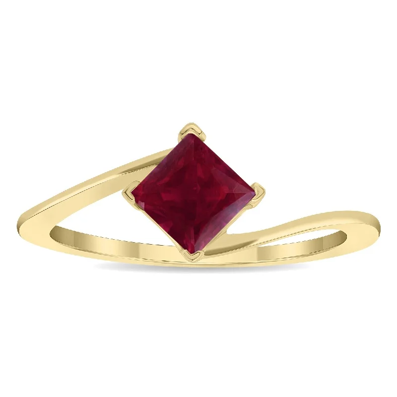 Women’s emerald cut rings-Women's Solitaire Square Shaped Ruby Wave Ring in 10K Yellow Gold