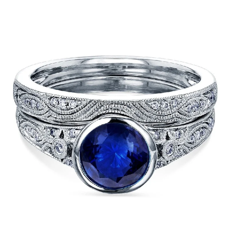 Women’s engraved rings-Annello by Kobelli 14k White Gold 1 1/10ct TGW Blue Sapphire Bezel Low Setting Vintage Bridal Rings Set