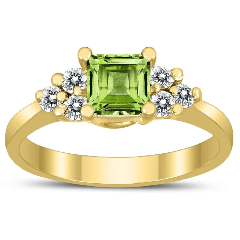 Women’s solid gold rings-Princess Cut 5X5MM Peridot and Diamond Duchess Ring in 10K Yellow Gold