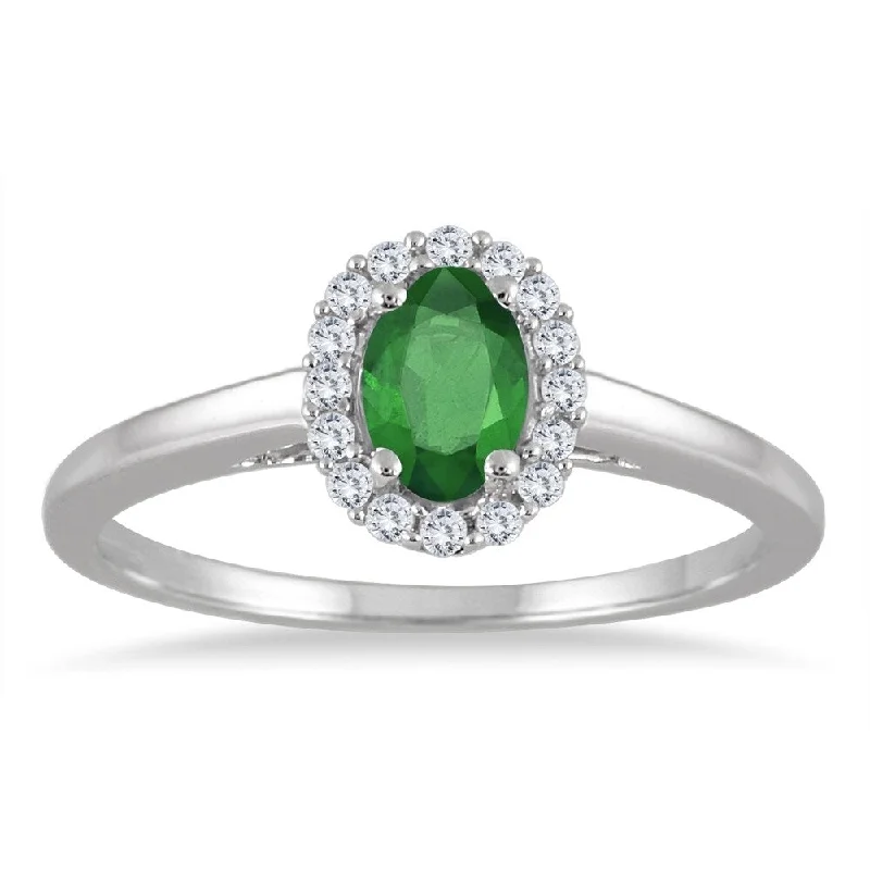 Women’s colorful gemstone rings-6x4MM Oval Shape Emerald and Diamond Halo Ring in 10K White Gold