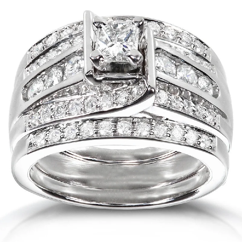 Women’s custom rings-Annello by Kobelli 14k White Gold 1ct TDW 3-piece Diamond Bridal Ring Set