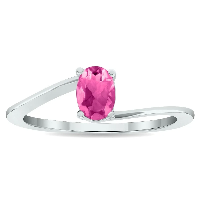 Women’s emerald rings-Women's Solitaire Pink Topaz Wave Ring in 10K White Gold