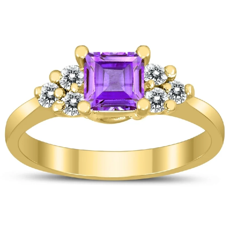 Women’s emerald rings-Princess Cut 5X5MM Amethyst and Diamond Duchess Ring in 10K Yellow Gold