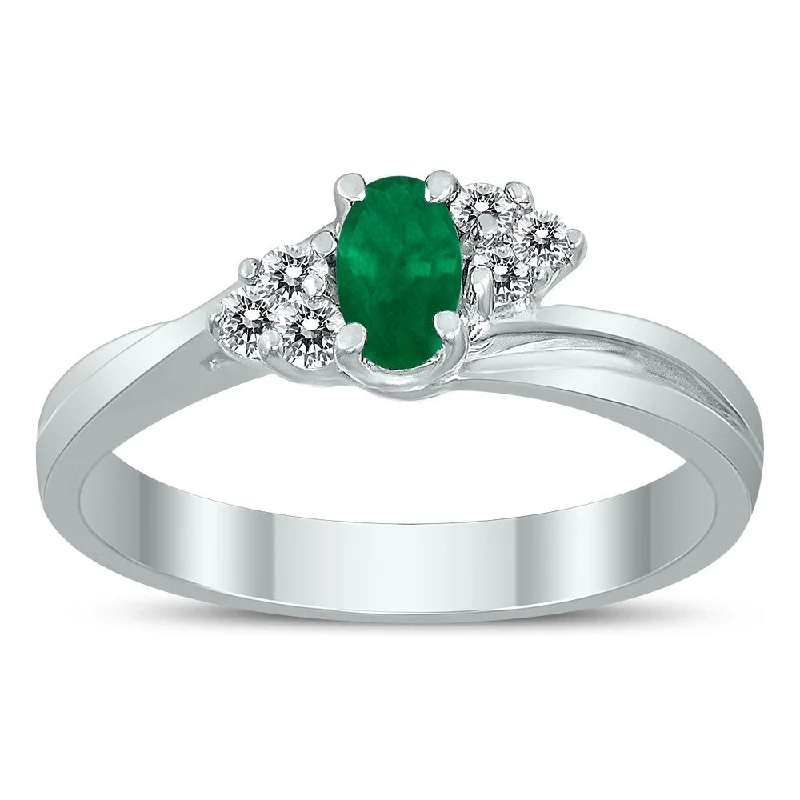 Women’s solitaire rings-5X3MM Emerald and Diamond Twist Ring in 10K White Gold