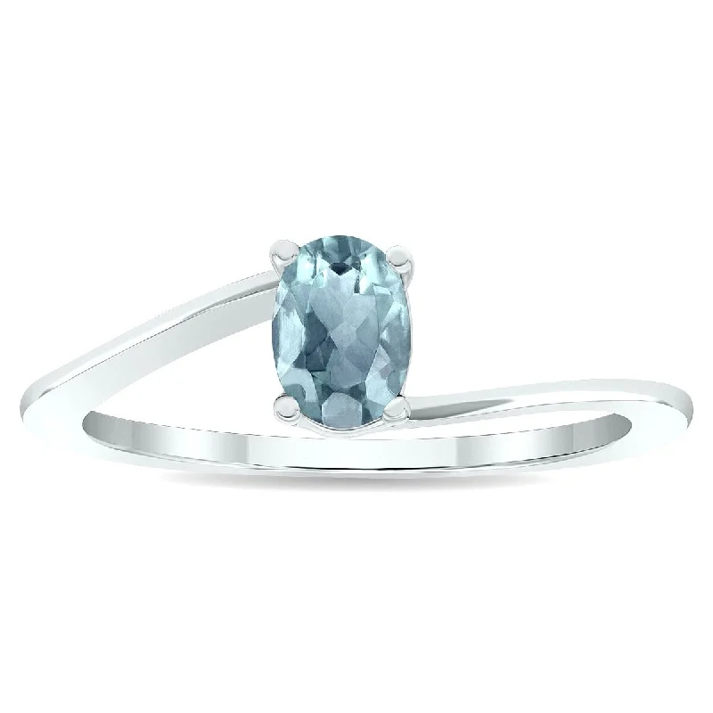 Women’s fashion rings-Women's Solitaire Aquamarine Wave Ring in 10K White Gold