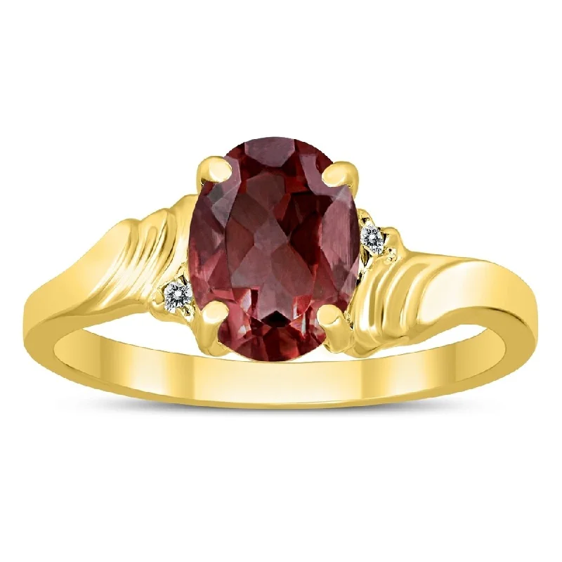 Women’s men’s style rings-8X6MM Garnet and Diamond Wave Ring in 10K Yellow Gold