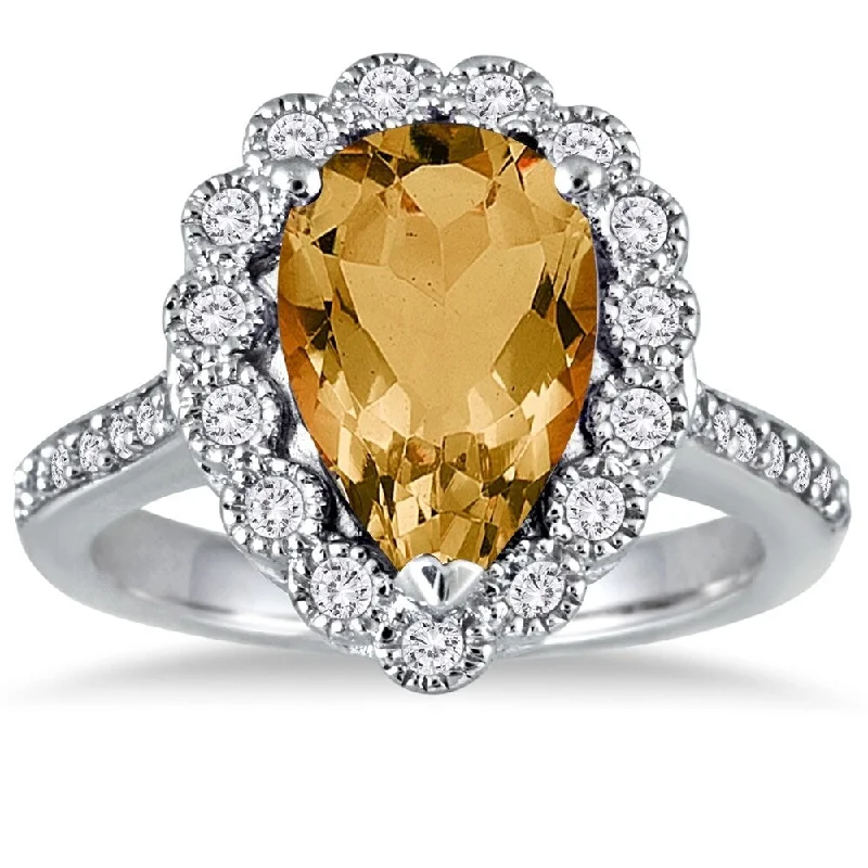 Women’s birthstone wedding rings-5 Carat Pear Shape Citrine and Diamond Ring in 14K White Gold