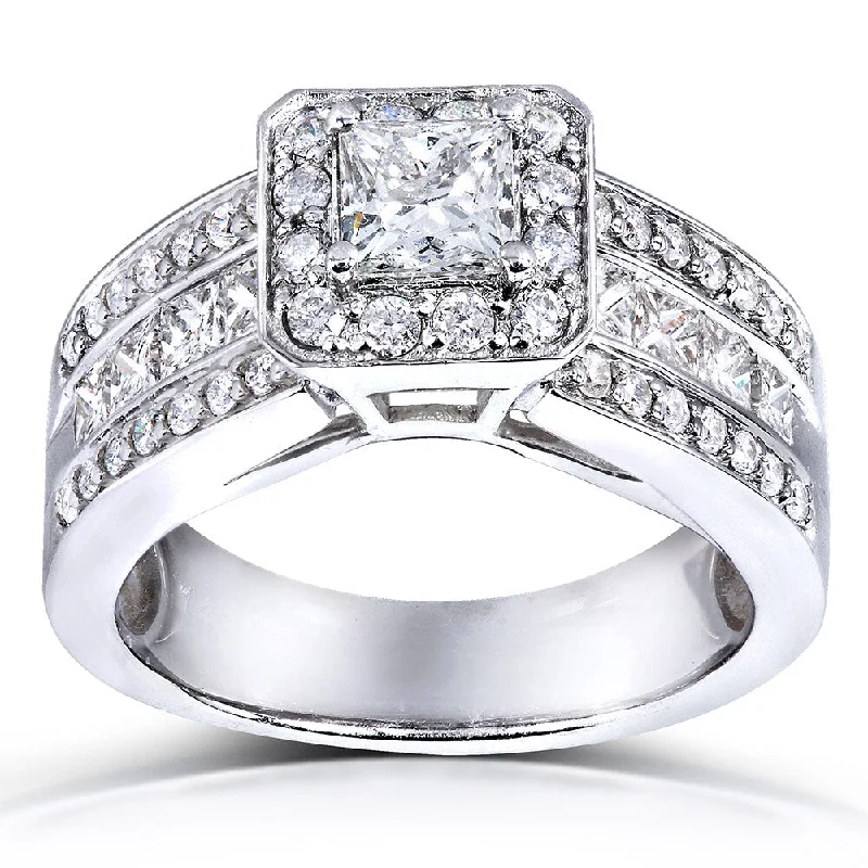 Women’s personalized rings-Annello 14k White Gold 1 2/5ct TDW Princess Shape Diamond Halo Ring