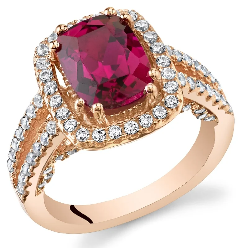 Women’s men’s rings for women-Rose Tone Sterling Silver 2.75 ct Created Ruby Halo Ring