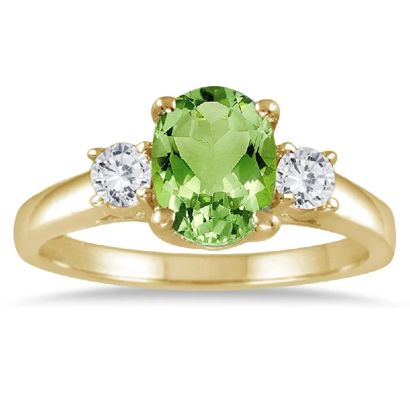 Women’s rose gold engagement rings-1 3/4 Carat Peridot and Diamond Three Stone Ring 14K Yellow Gold