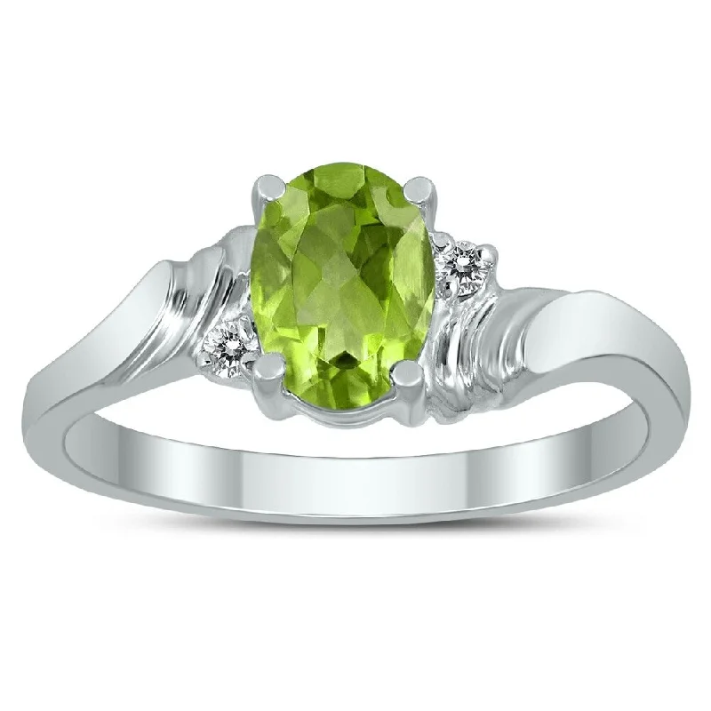 Women’s vintage engagement rings-7X5MM Peridot and Diamond Wave Ring in 10K White Gold