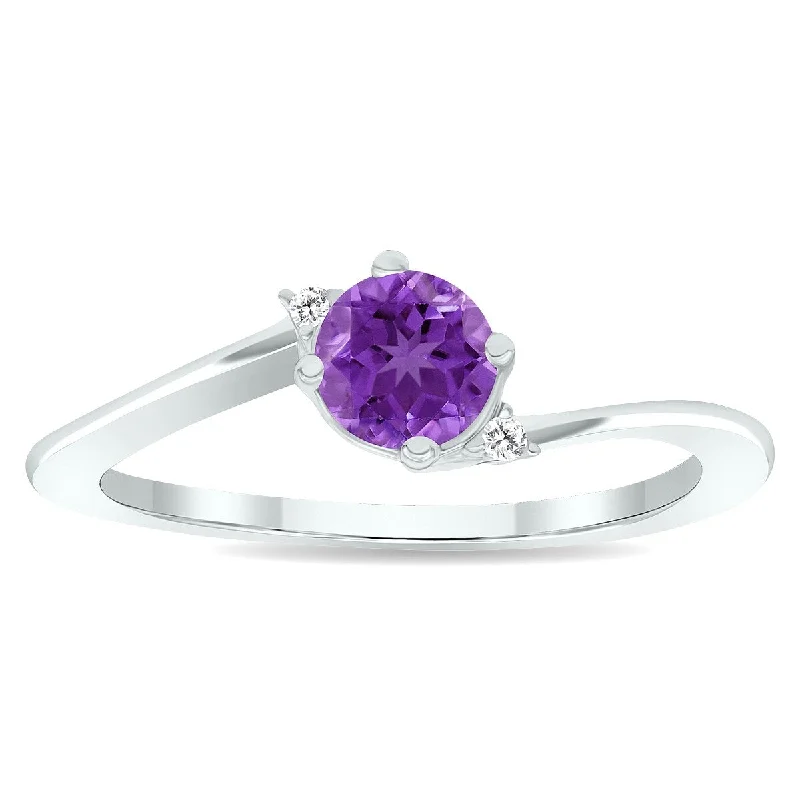 Women’s opal rings-Women's Amethyst and Diamond Wave Ring in 10K White Gold