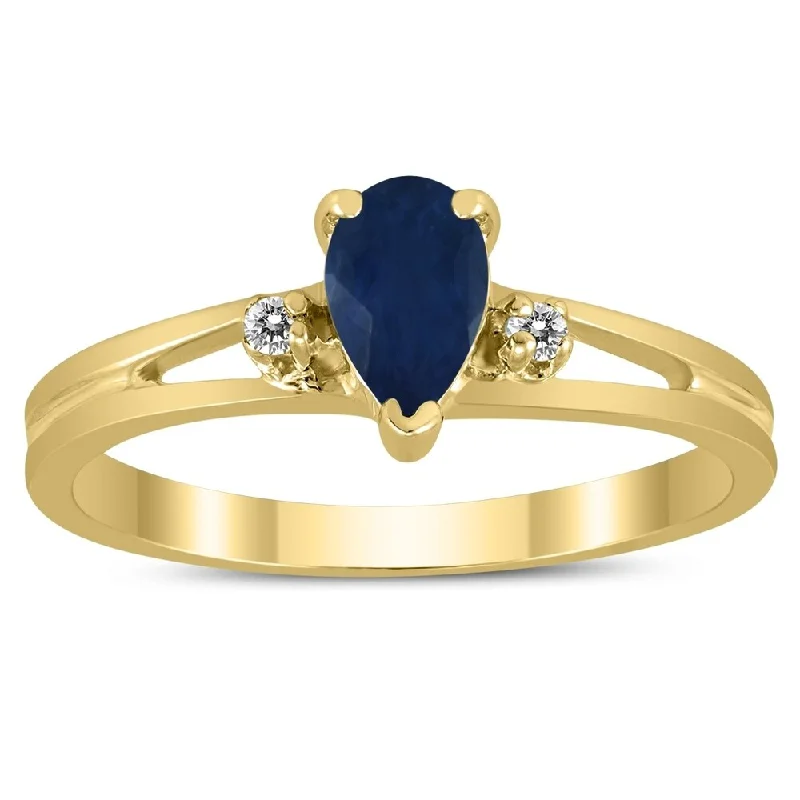 Women’s diamond halo rings-6X4MM Sapphire and Diamond Pear Shaped Open Three Stone Ring in 10K Yellow Gold