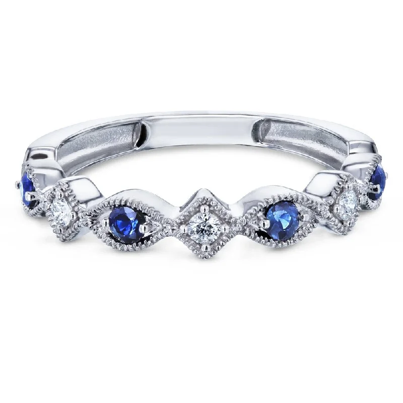 Women’s classic rings-Annello by Kobelli 10k White Gold 1/5ct.tw Alternating Sapphire and Diamond Patterned Fashion Stackable Ring