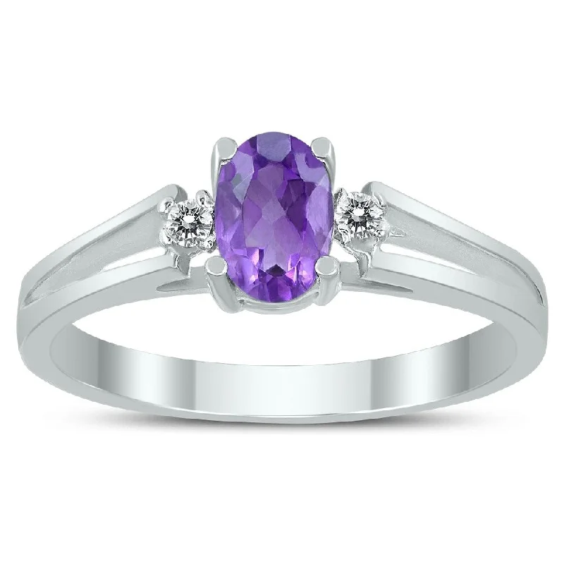 Women’s diamond solitaire rings-6X4MM Amethyst and Diamond Open Three Stone Ring in 10K White Gold