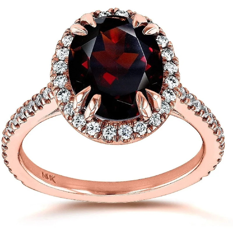 Women’s engraved rings-Annello by Kobelli The Scarlett 14k Gold Red Garnet and White Diamond Oval Halo Cathedral Ring