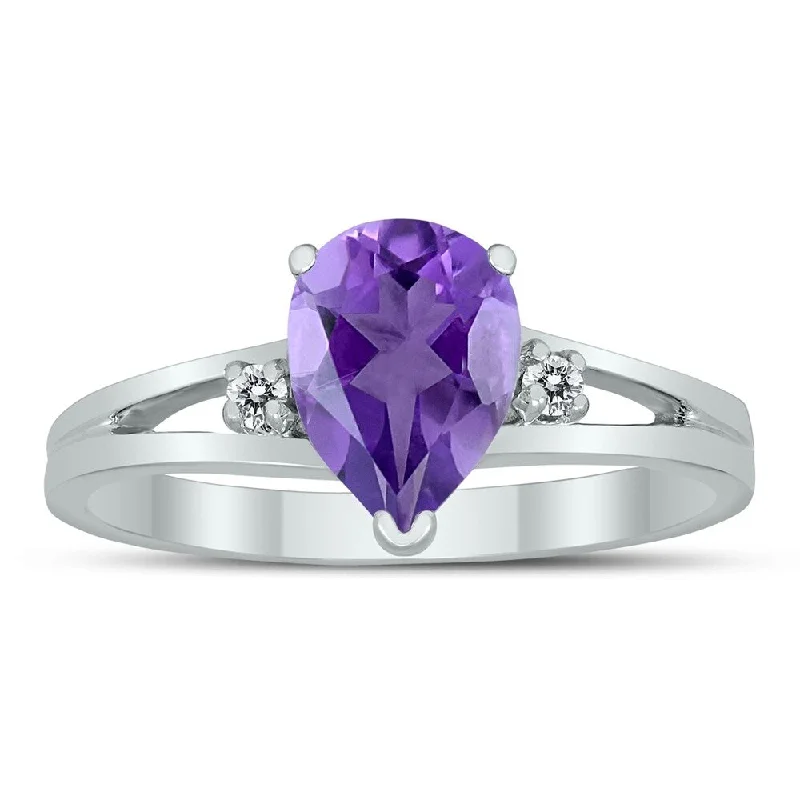 Women’s gold engagement rings-8X6MM Amethyst and Diamond Pear Shaped Open Three Stone Ring in 10K White Gold