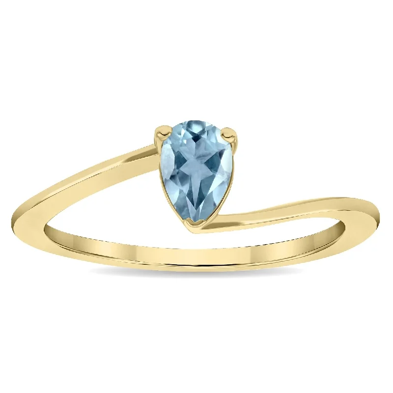 Women’s vintage style rings-Women's Solitaire Pear Shaped Aquamarine Wave Ring in 10K Yellow Gold