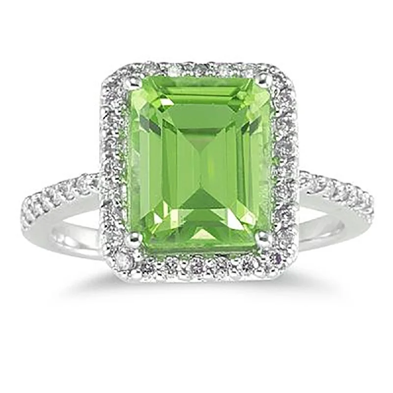 Women’s stylish wedding rings-4 1/2 Carat Emerald Cut Peridot and Diamond Ring 14K White Gold