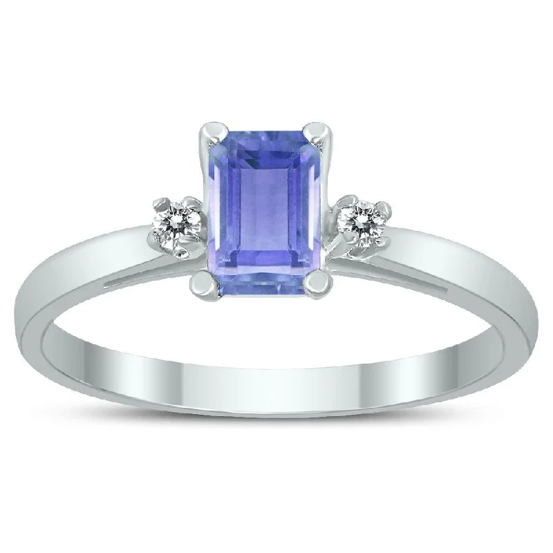 Women’s silver rings-Emerald Cut 6X4MM Tanzanite and Diamond Three Stone Ring in 10K White Gold