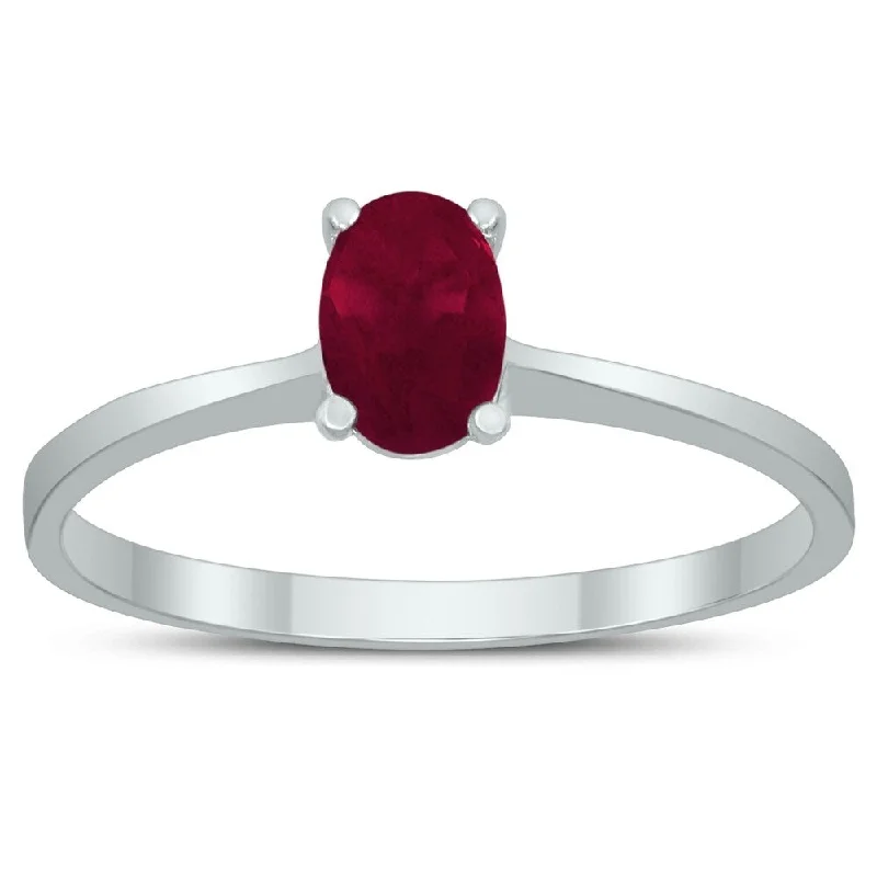 Women’s silver wedding rings-Oval Solitaire 6X4MM Ruby Ring in 10K White Gold