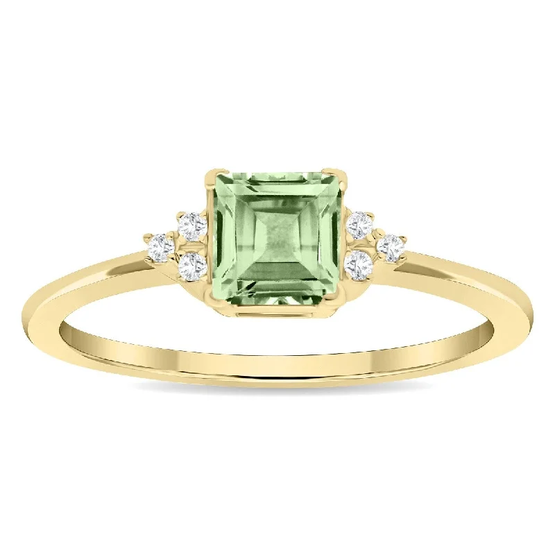 Women’s stackable rings-Women's Square Shaped Green Amethyst and Diamond Half Moon Ring in 10K Yellow Gold