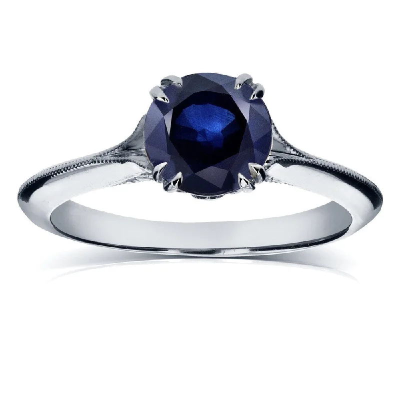 Women’s colorful gemstone rings-Annello by Kobelli 14k White Gold Blue Sapphire and Diamond Antique Flower Head Soft Knife Edge Ring