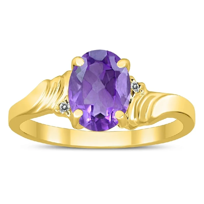 Women’s stacking rings-8X6MM Amethyst and Diamond Wave Ring in 10K Yellow Gold