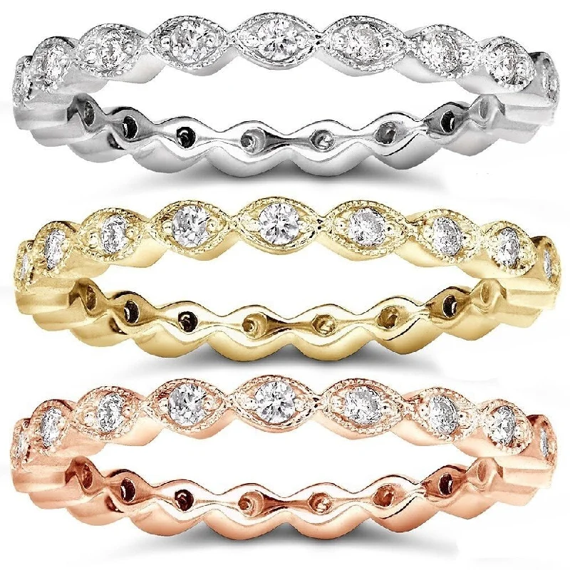 Women’s simple gold rings-Annello by Kobelli 14k Gold 1/3ct TDW Women's Stackable Vintage Milgrain Pattern Eternity Diamond Ring