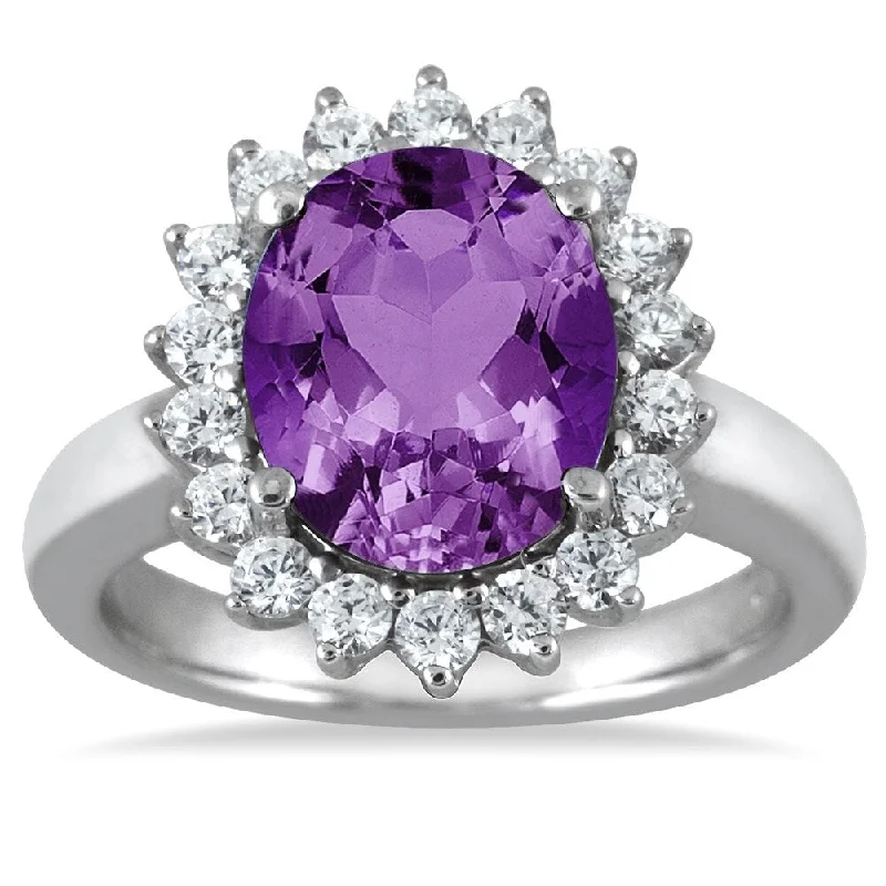 Women’s gold engagement rings-4 Carat Amethyst and Diamond Ring in 14K White Gold