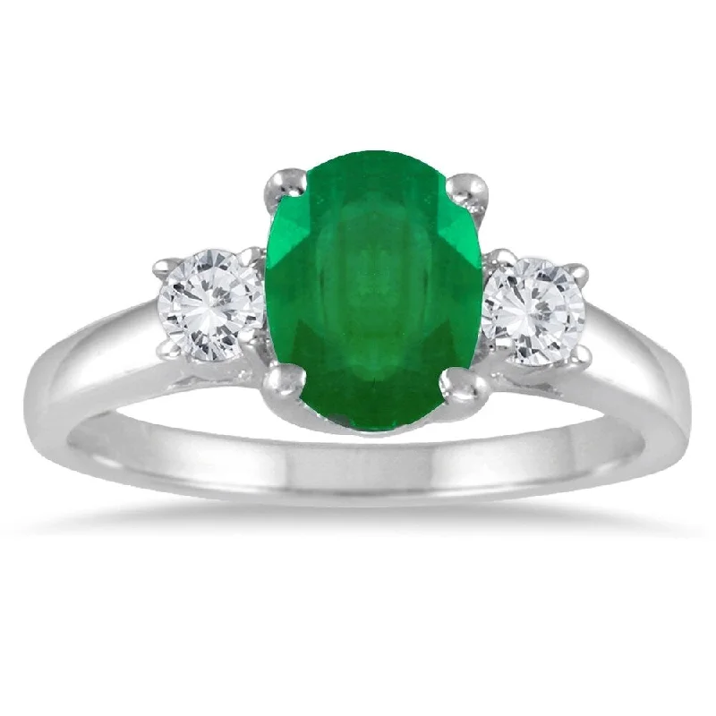 Women’s geometric rings-1.35 Carat Emerald and Diamond Three Stone Ring in 14K White Gold