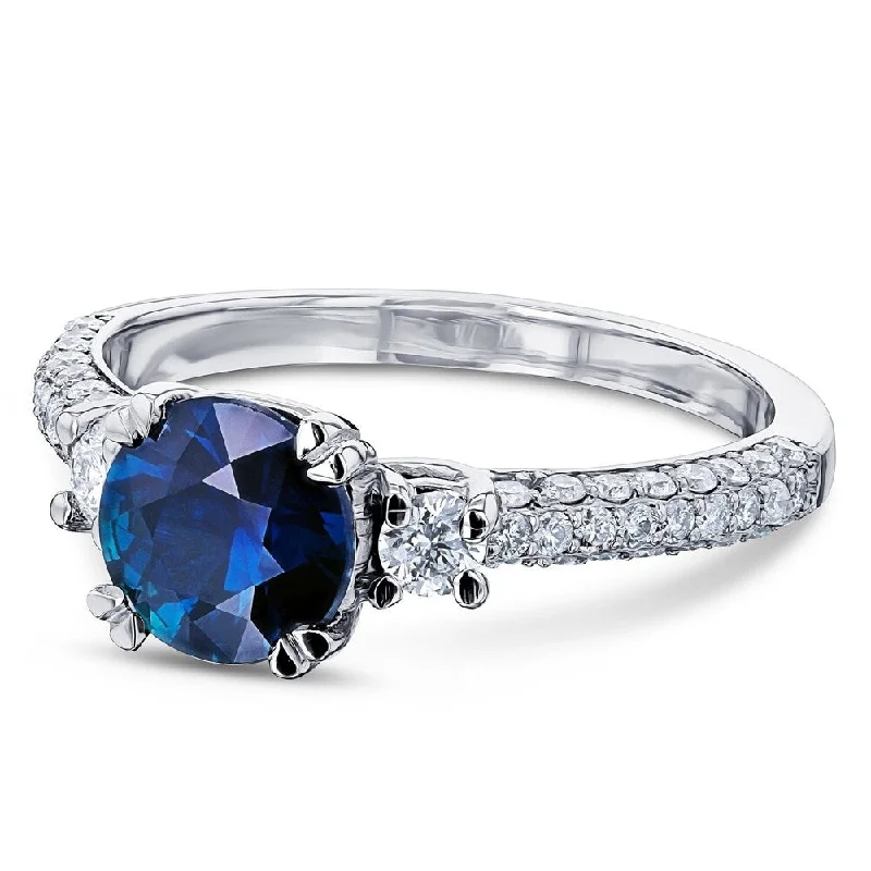 Women’s diamond halo rings-Annello by Kobelli 14k White Gold Round Sapphire and 1/2ct TDW Diamond Three Stone Ring (