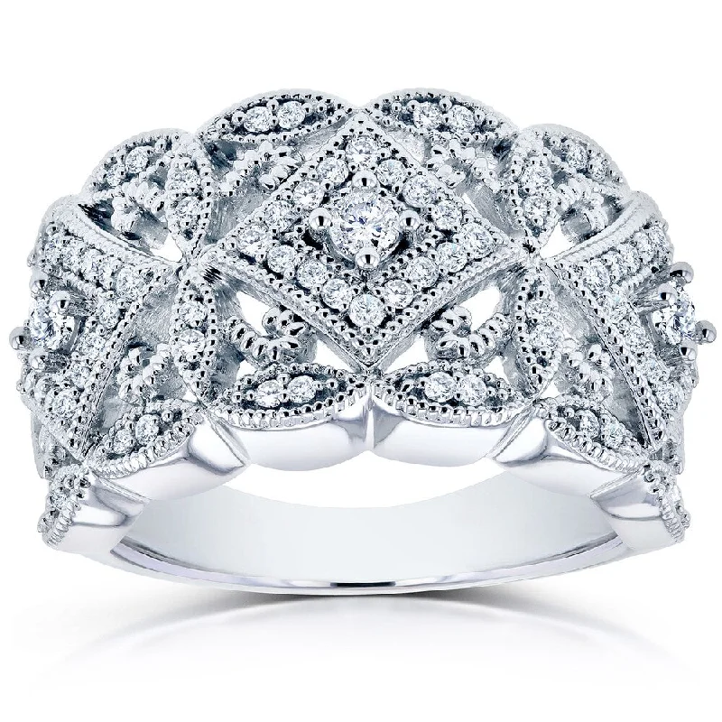 Women’s custom-designed rings-Annello by Kobelli 10k White Gold 1/2ct TDW Diamond Antique Filigree Wide Anniversary Ring