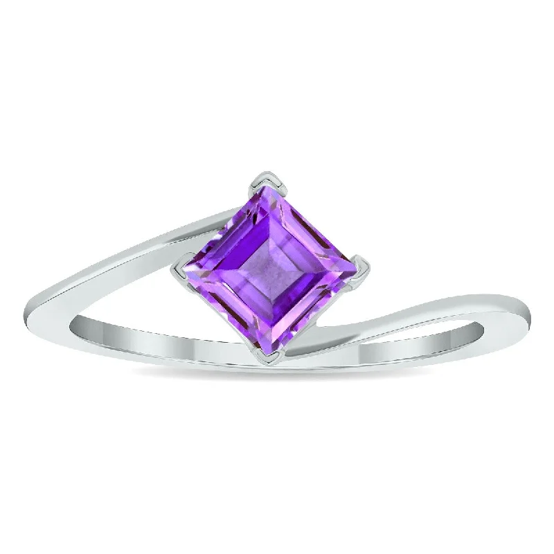 Women’s stacking rings-Women's Solitaire Amethyst Wave Ring in 10K White Gold