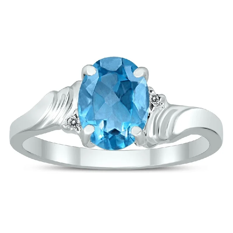 Women’s rose gold engagement rings-8X6MM Blue Topaz and Diamond Wave Ring in 10K White Gold