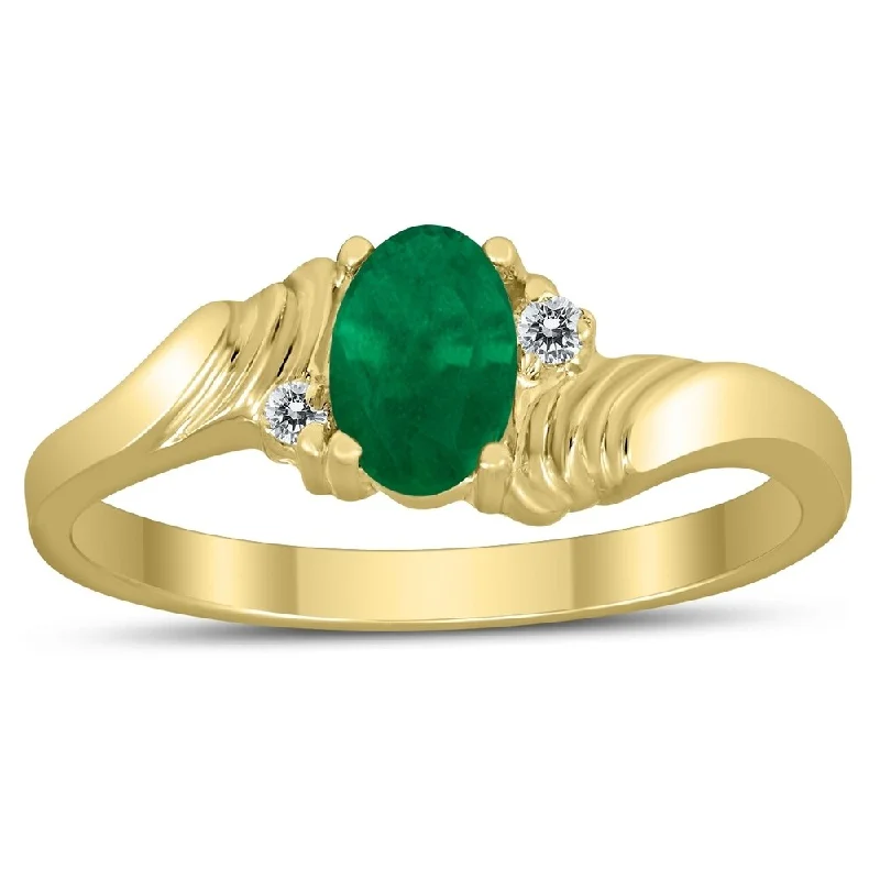 Women’s unique wedding rings-6X4MM Emerald and Diamond Wave Ring in 10K Yellow Gold